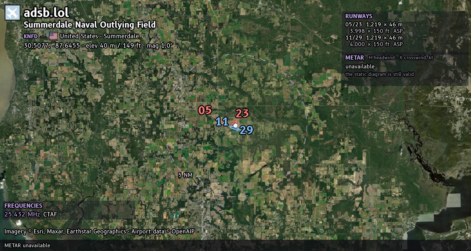 Satellite map with the runway layout of Summerdale Naval Outlying Field (KNFD)