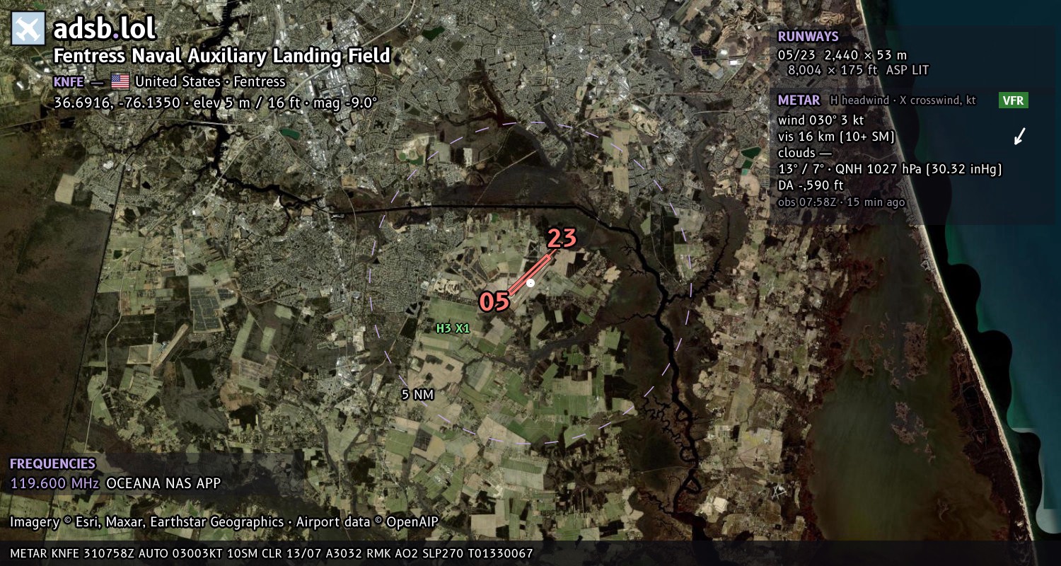 Satellite map with the runway layout of Fentress Naval Auxiliary Landing Field (KNFE)