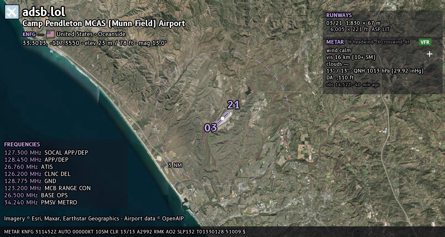 Satellite map with the runway layout of Camp Pendleton MCAS (Munn Field) Airport (KNFG)