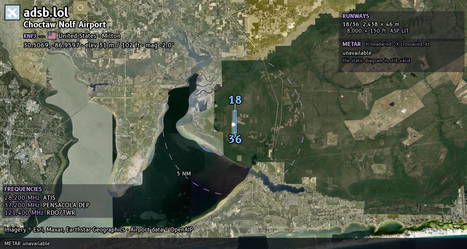 Satellite map with the runway layout of Choctaw Nolf Airport (KNFJ)