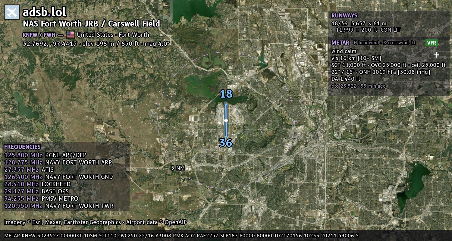 Satellite map with the runway layout of NAS Fort Worth JRB / Carswell Field (KNFW)