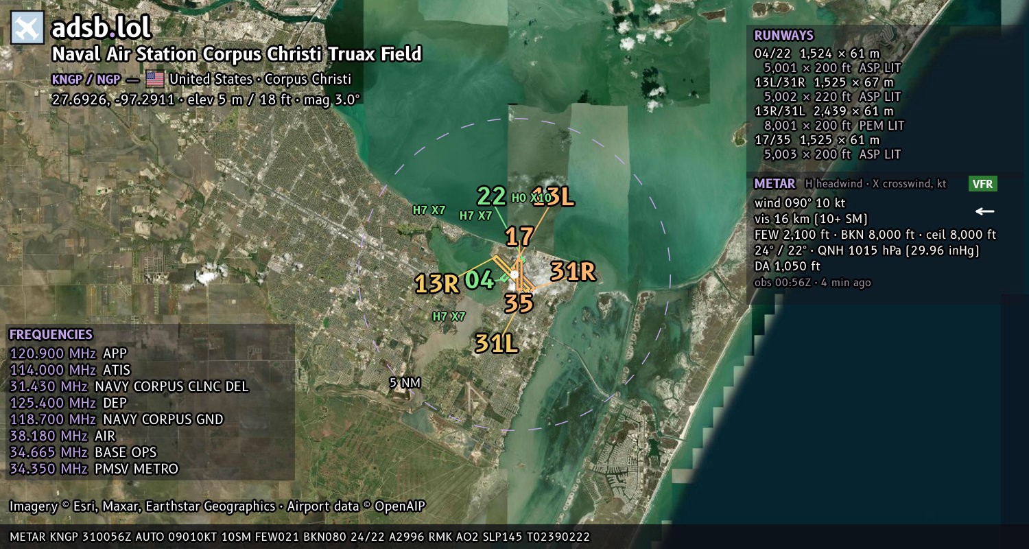 Satellite map with the runway layout of Naval Air Station Corpus Christi Truax Field (KNGP)