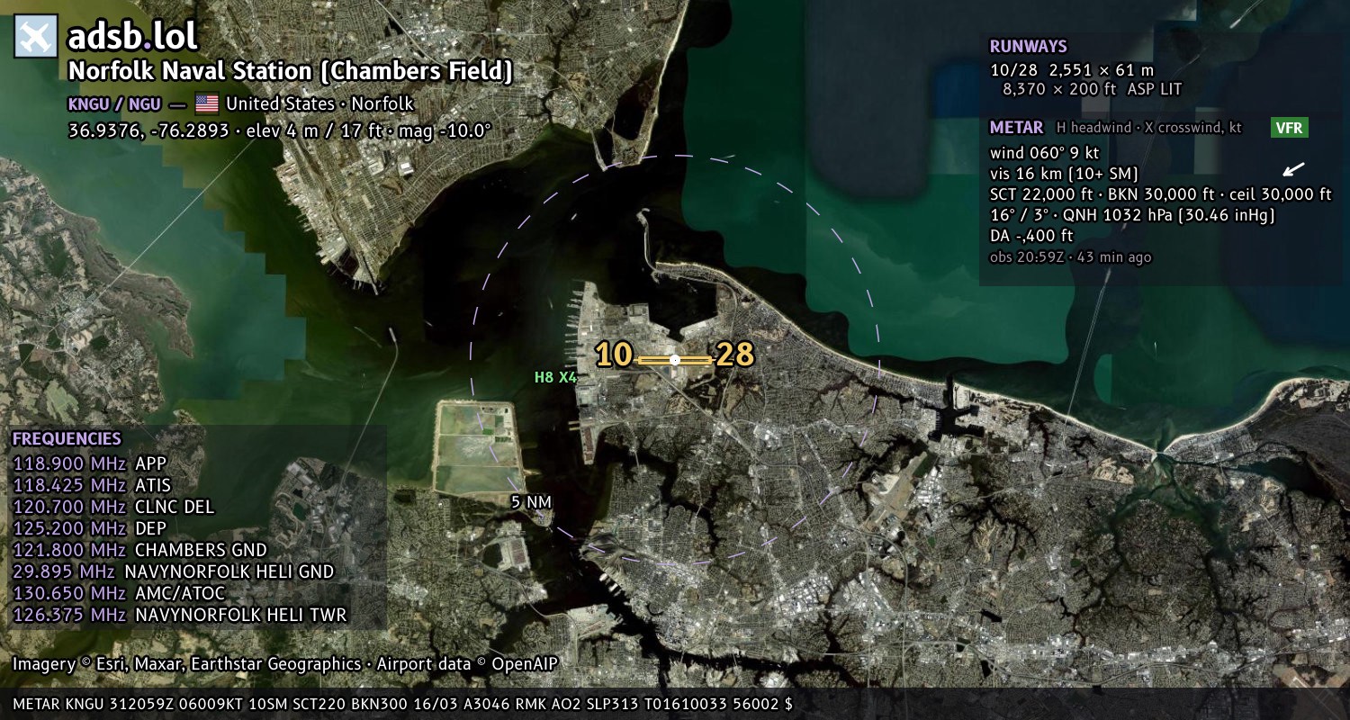 Satellite map with the runway layout of Norfolk Naval Station (Chambers Field) (KNGU)