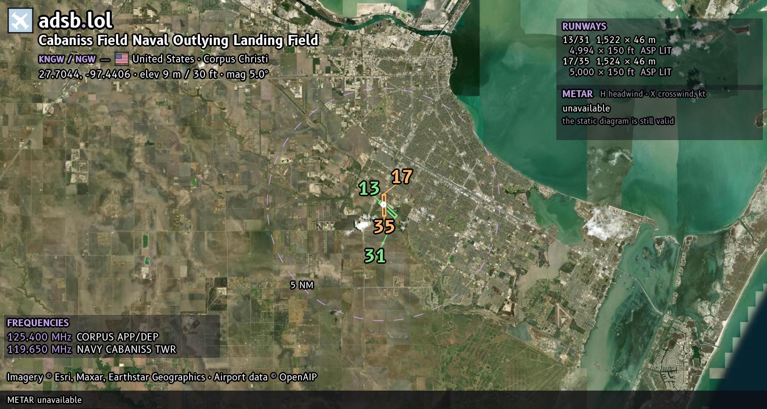 Satellite map with the runway layout of Cabaniss Field Naval Outlying Landing Field (KNGW)
