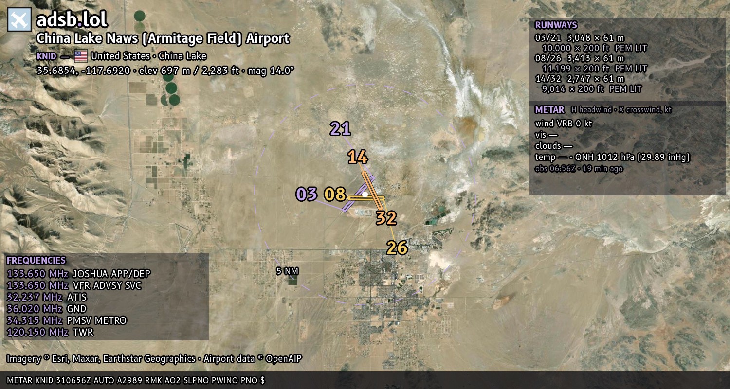 Satellite map with the runway layout of China Lake Naws (Armitage Field) Airport (KNID)