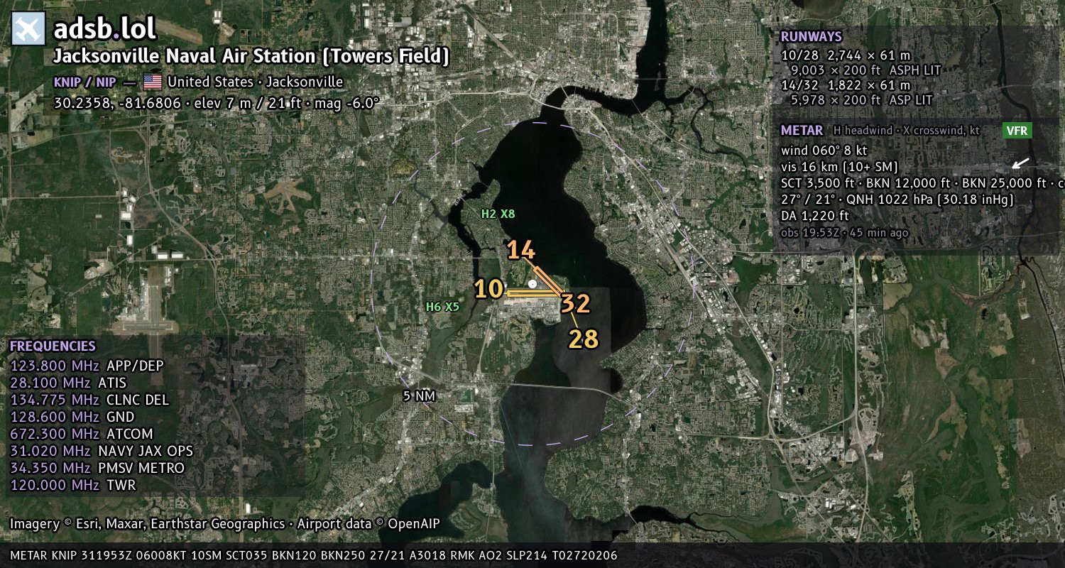 Satellite map with the runway layout of Jacksonville Naval Air Station (Towers Field) (KNIP)