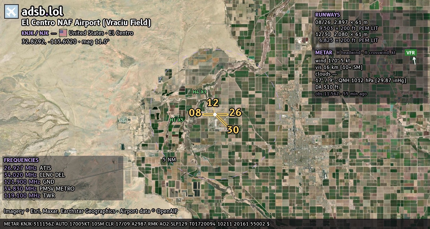 Satellite map with the runway layout of El Centro NAF Airport (Vraciu Field) (KNJK)