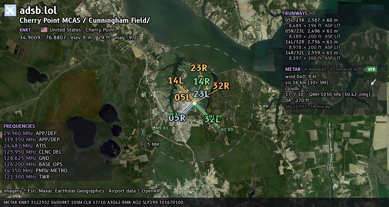 Satellite map with the runway layout of Cherry Point MCAS / Cunningham Field/ (KNKT)