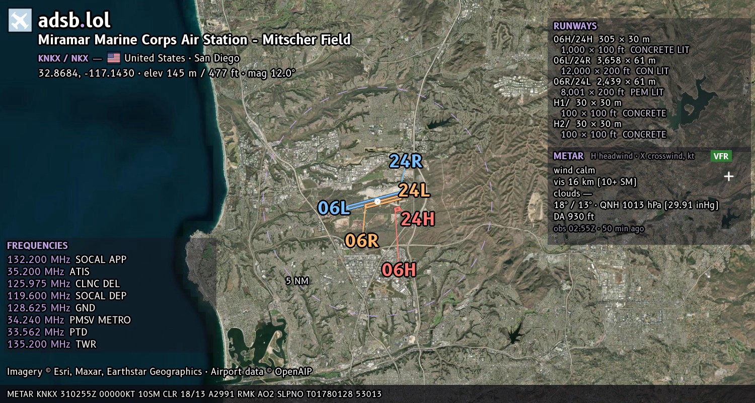 Satellite map with the runway layout of Miramar Marine Corps Air Station - Mitscher Field (KNKX)