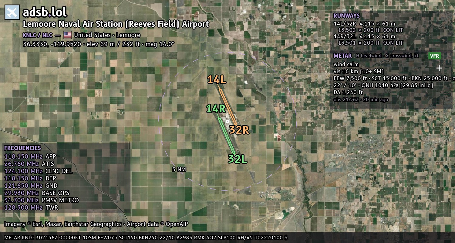 Satellite map with the runway layout of Lemoore Naval Air Station (Reeves Field) Airport (KNLC)