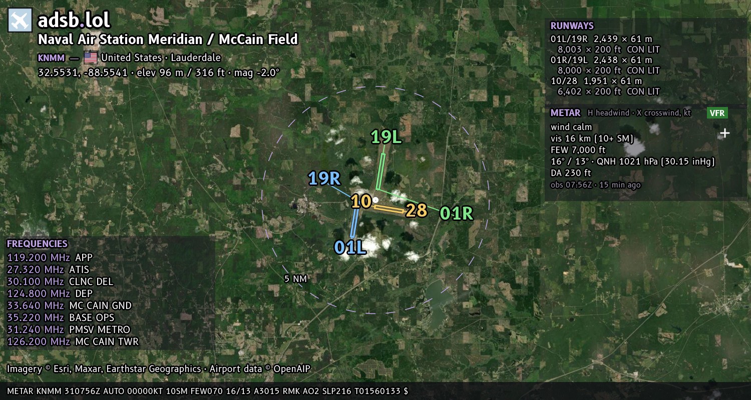 Satellite map with the runway layout of Naval Air Station Meridian / McCain Field (KNMM)