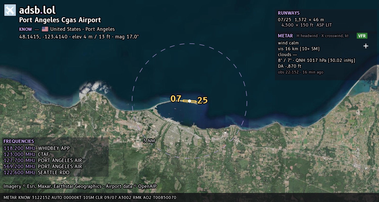 Satellite map with the runway layout of Port Angeles Cgas Airport (KNOW)