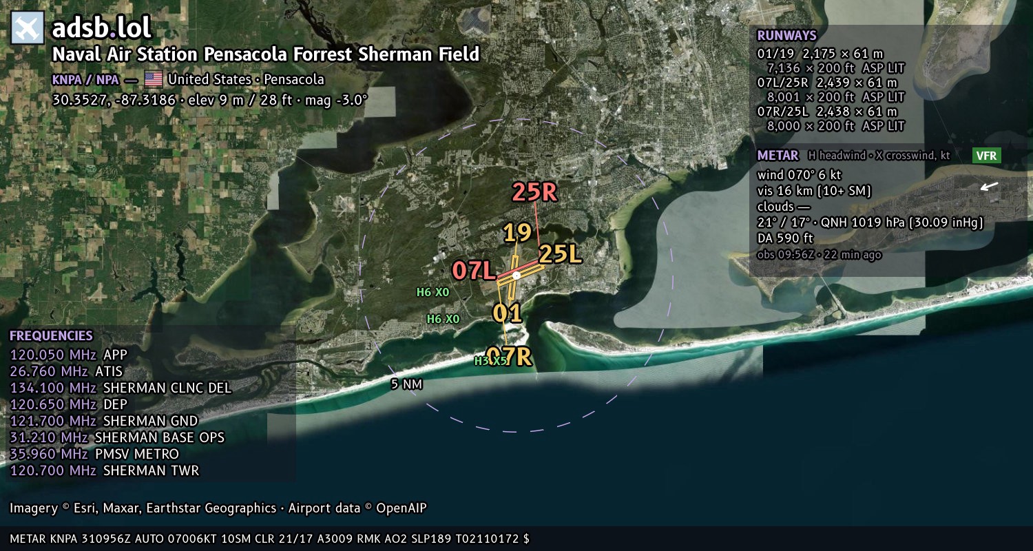 Satellite map with the runway layout of Naval Air Station Pensacola Forrest Sherman Field (KNPA)