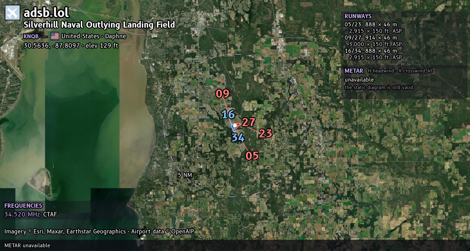 Satellite map with the runway layout of Silverhill Naval Outlying Landing Field (KNQB)