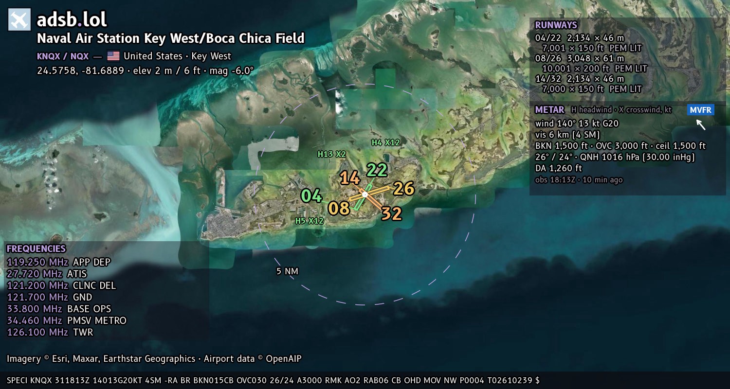 Satellite map with the runway layout of Naval Air Station Key West/Boca Chica Field (KNQX)