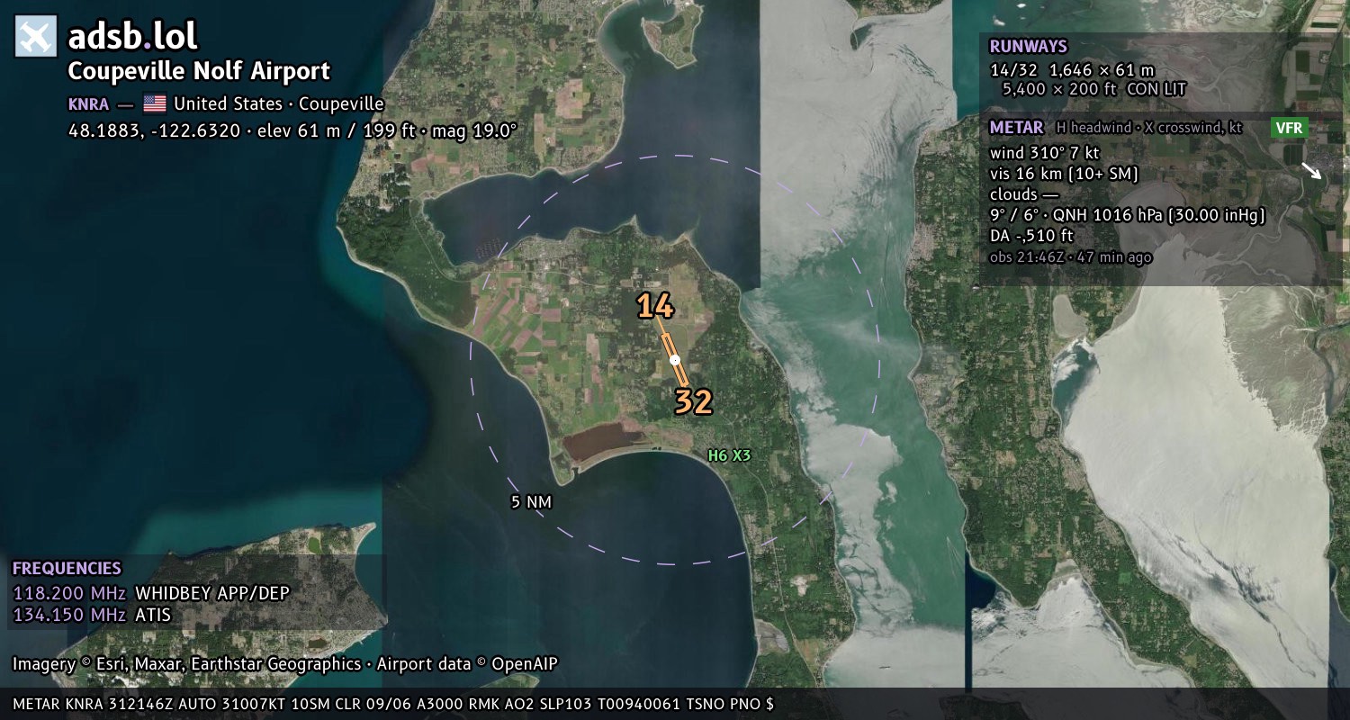 Satellite map with the runway layout of Coupeville Nolf Airport (KNRA)