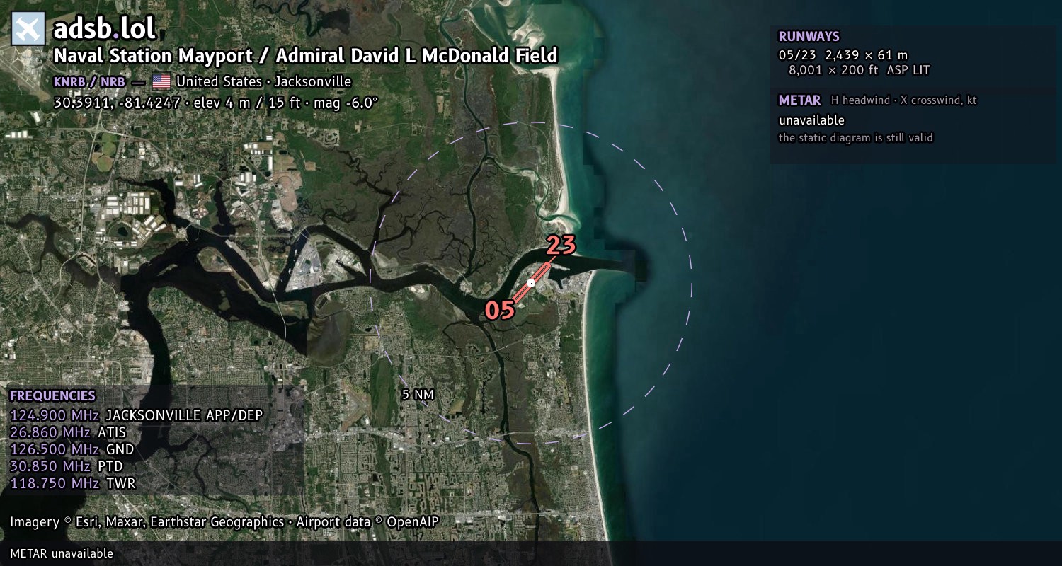 Satellite map with the runway layout of Naval Station Mayport / Admiral David L McDonald Field (KNRB)