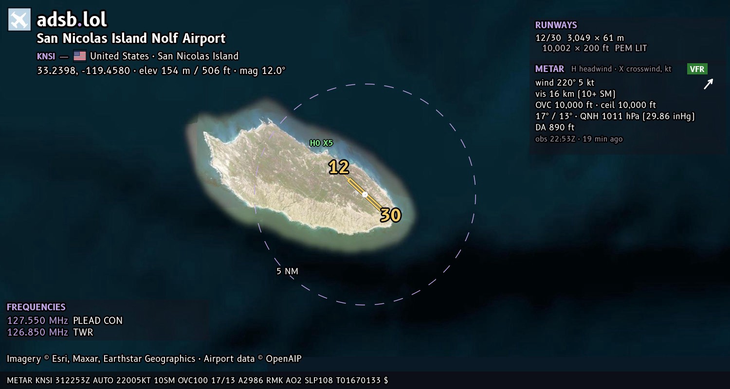 Satellite map with the runway layout of San Nicolas Island Nolf Airport (KNSI)