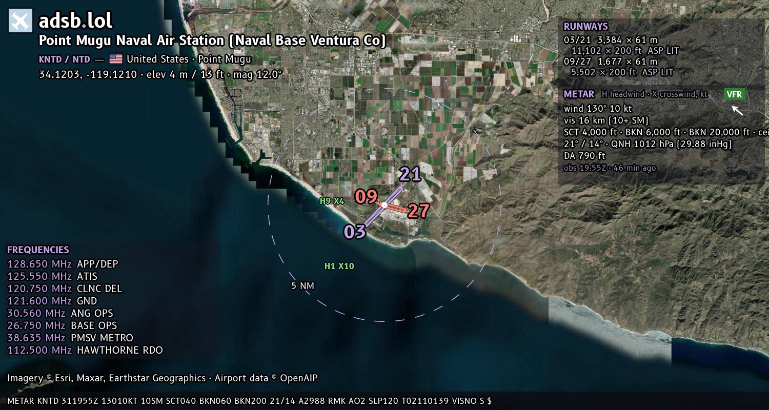 Satellite map with the runway layout of Point Mugu Naval Air Station (Naval Base Ventura Co) (KNTD)