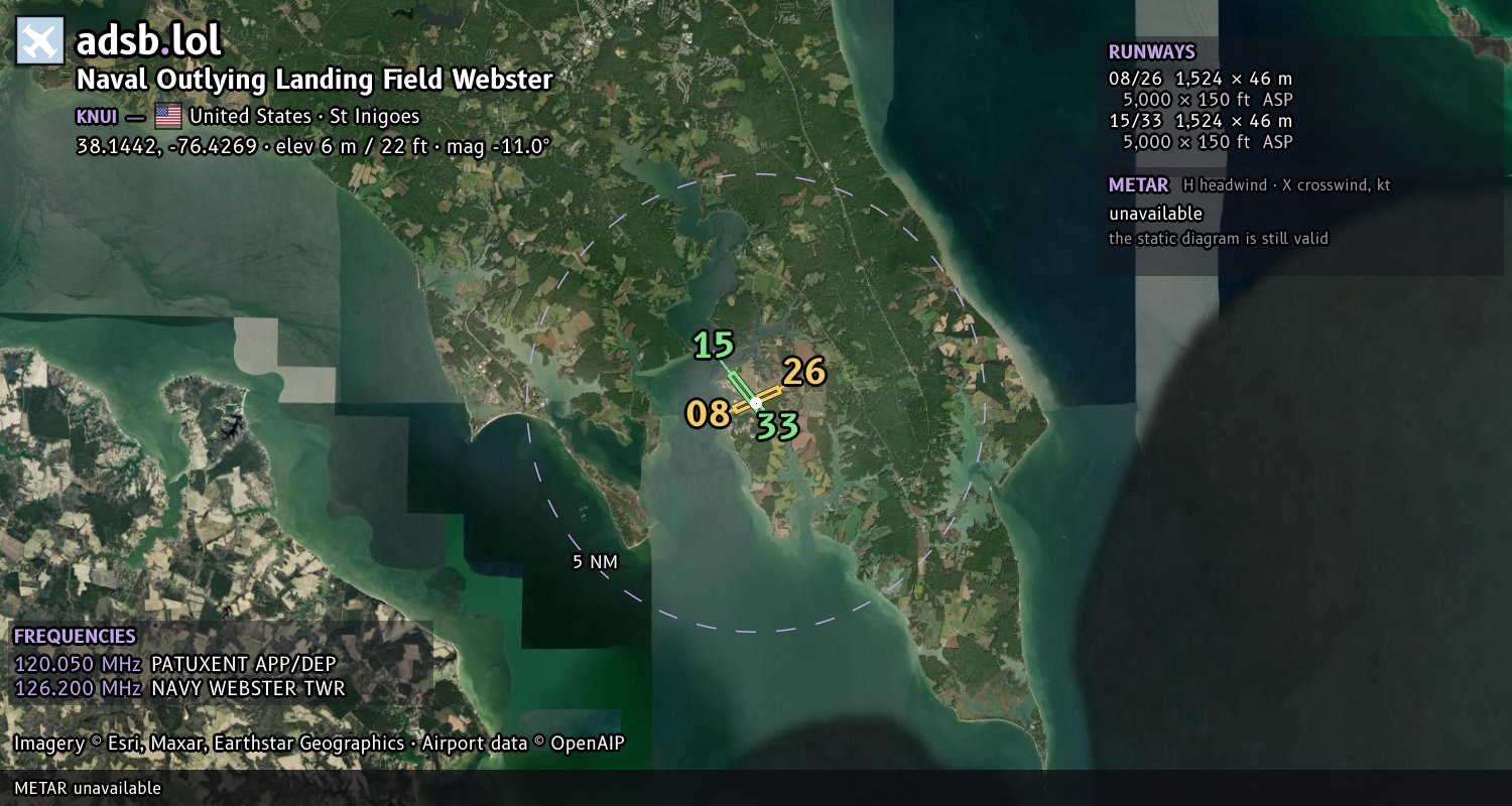 Satellite map with the runway layout of Naval Outlying Landing Field Webster (KNUI)