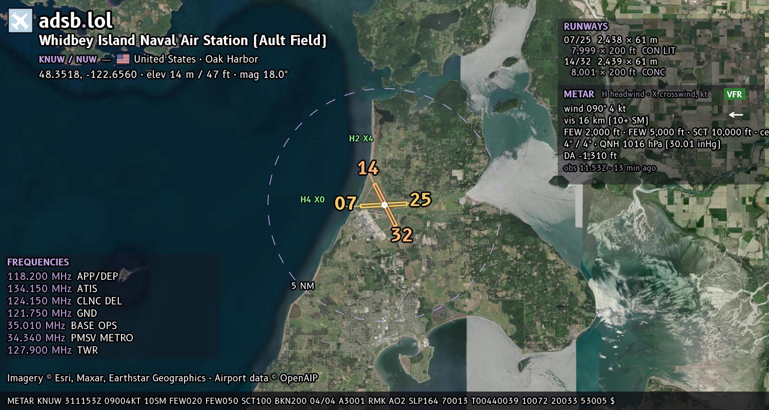 Satellite map with the runway layout of Whidbey Island Naval Air Station (Ault Field) (KNUW)