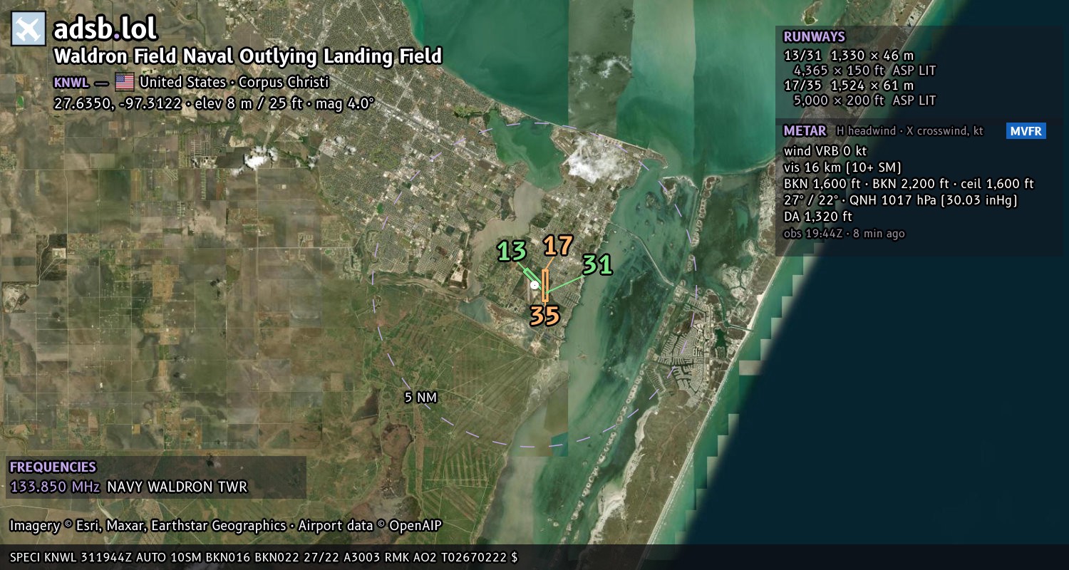 Satellite map with the runway layout of Waldron Field Naval Outlying Landing Field (KNWL)