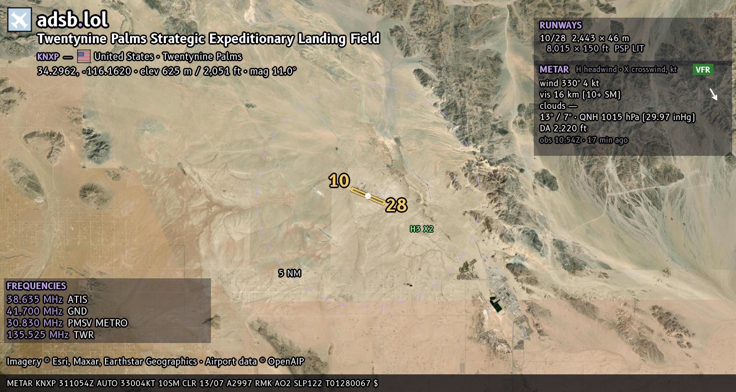 Satellite map with the runway layout of Twentynine Palms Strategic Expeditionary Landing Field (KNXP)