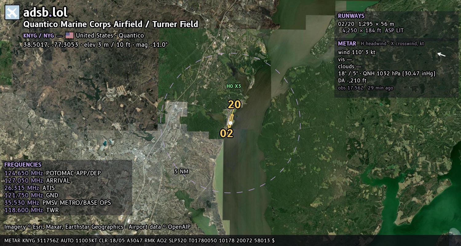 Satellite map with the runway layout of Quantico Marine Corps Airfield / Turner Field (KNYG)
