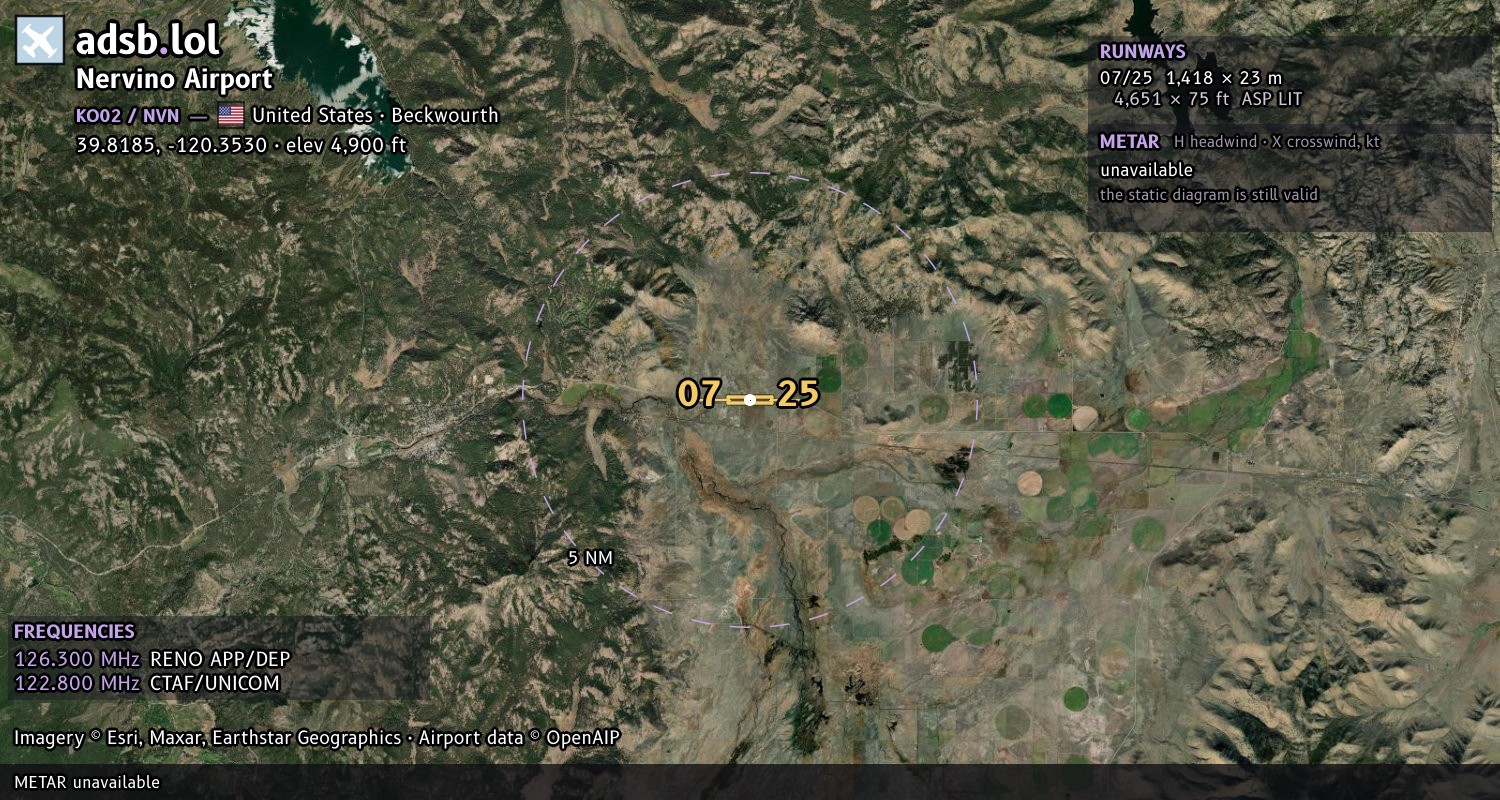 Satellite map with the runway layout of Nervino Airport (KO02)