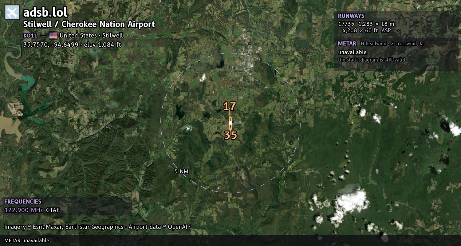 Satellite map with the runway layout of Stilwell / Cherokee Nation Airport (KO11)