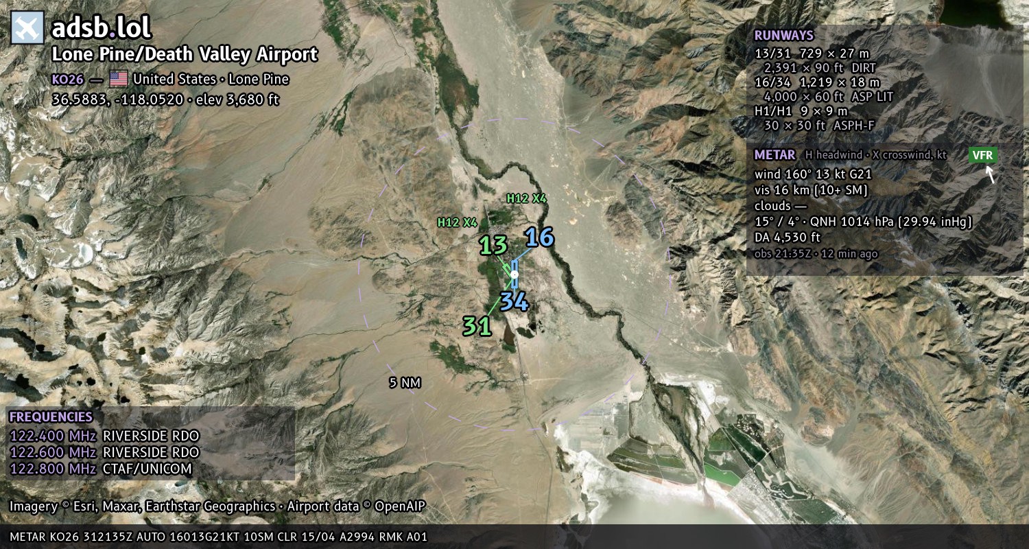 Satellite map with the runway layout of Lone Pine/Death Valley Airport (KO26)