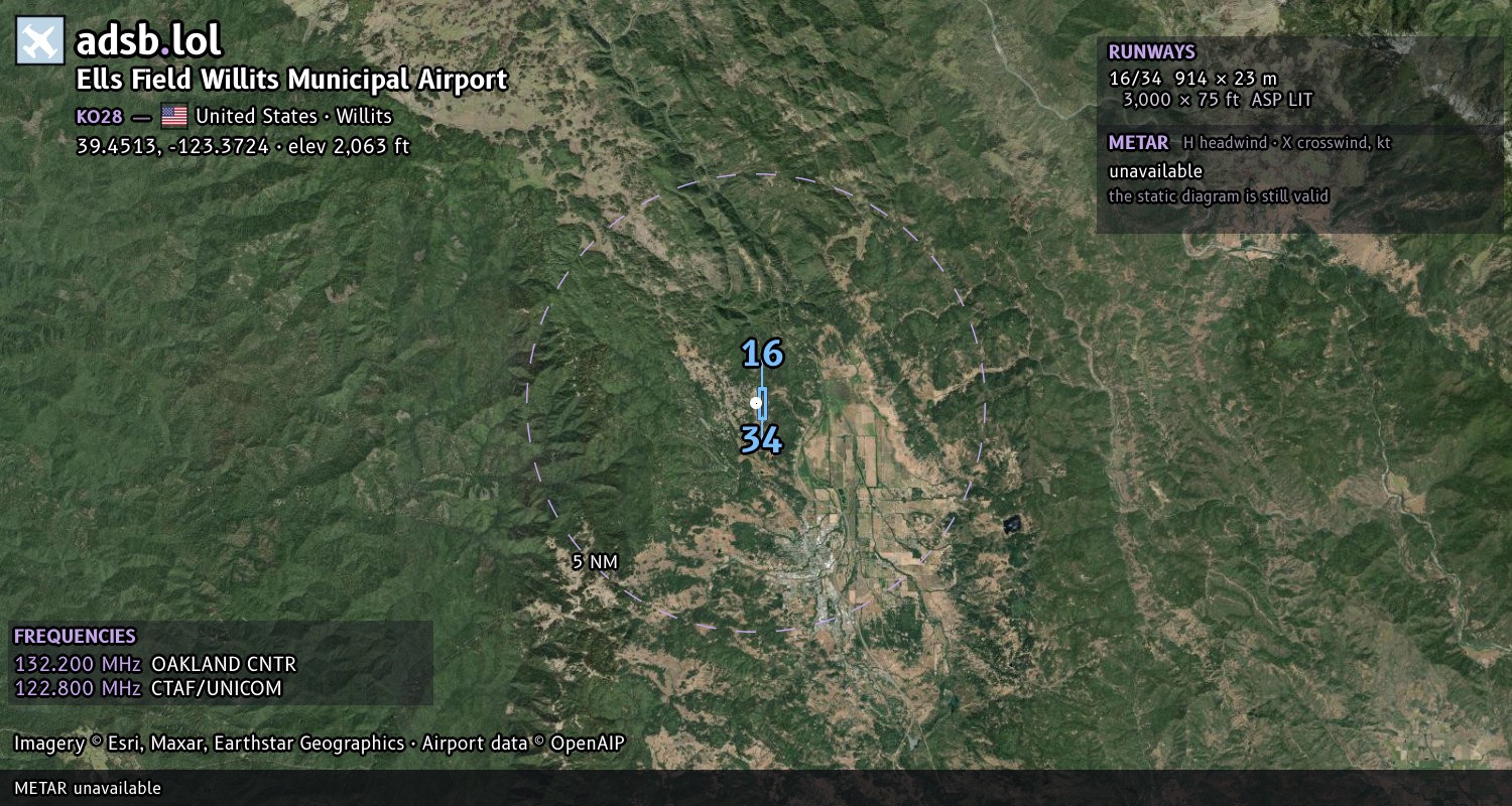 Satellite map with the runway layout of Ells Field Willits Municipal Airport (KO28)