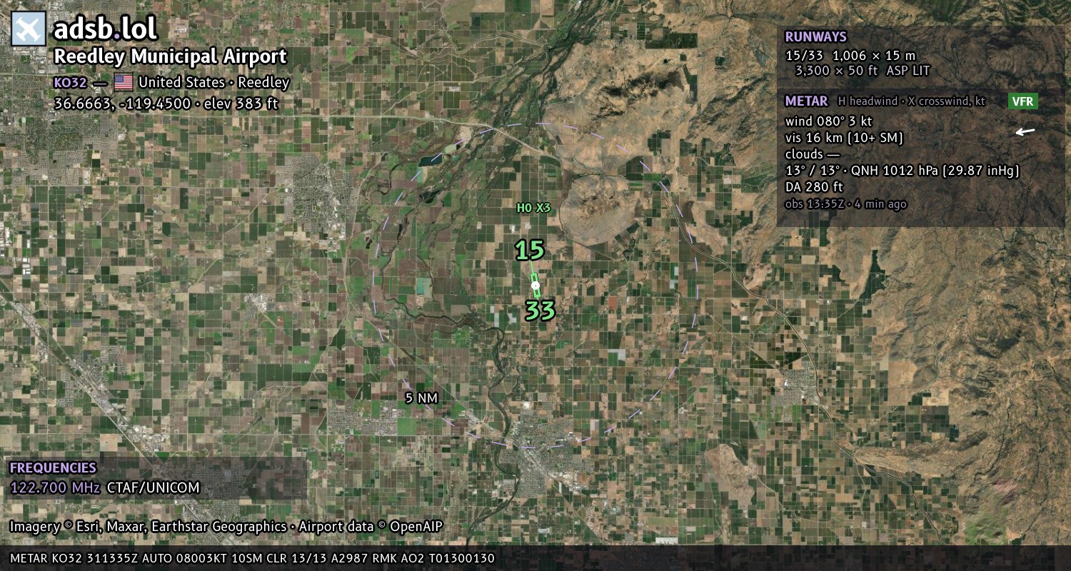 Satellite map with the runway layout of Reedley Municipal Airport (KO32)