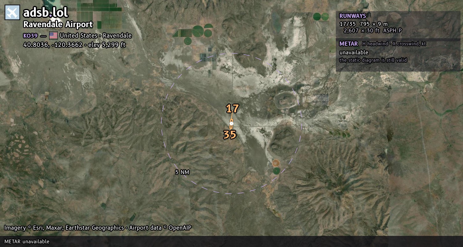 Satellite map with the runway layout of Ravendale Airport (KO39)