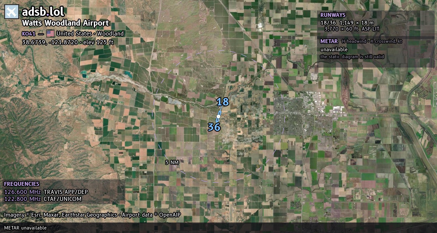 Satellite map with the runway layout of Watts Woodland Airport (KO41)