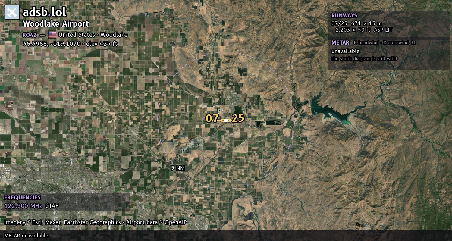 Satellite map with the runway layout of Woodlake Airport (KO42)