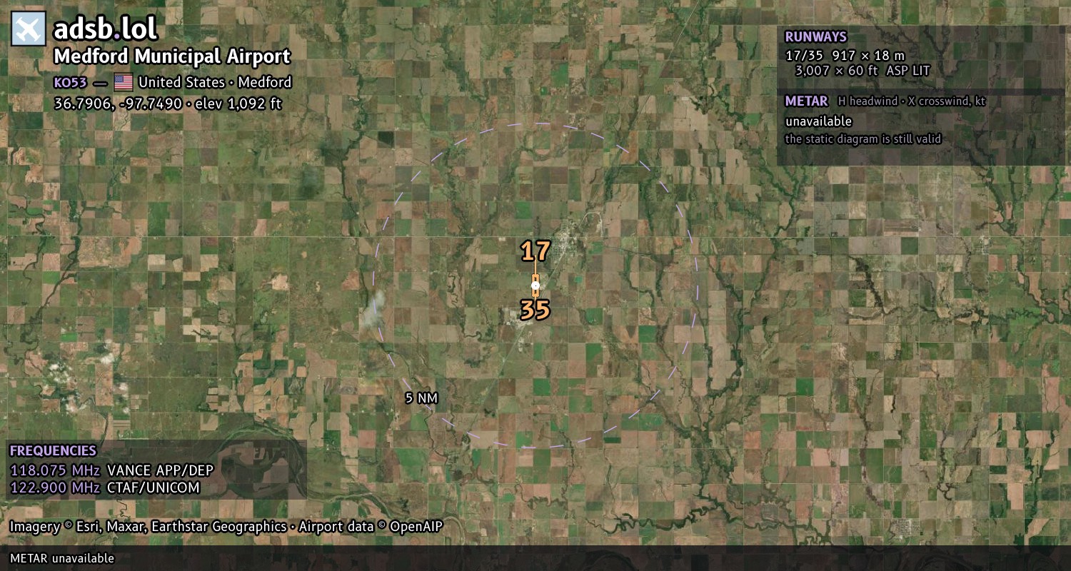 Satellite map with the runway layout of Medford Municipal Airport (KO53)