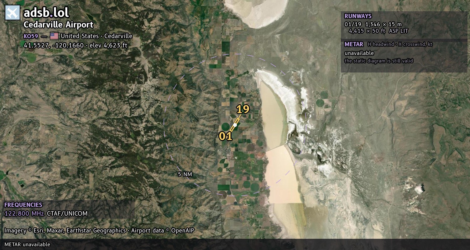Satellite map with the runway layout of Cedarville Airport (KO59)