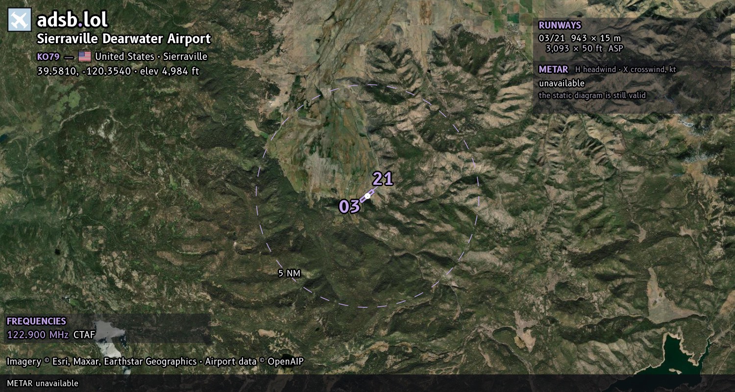 Satellite map with the runway layout of Sierraville Dearwater Airport (KO79)