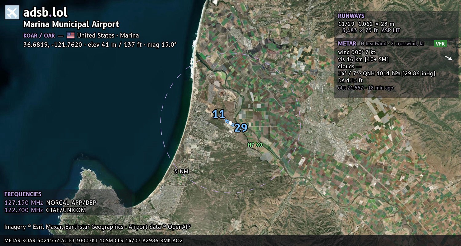 Satellite map with the runway layout of Marina Municipal Airport (KOAR)