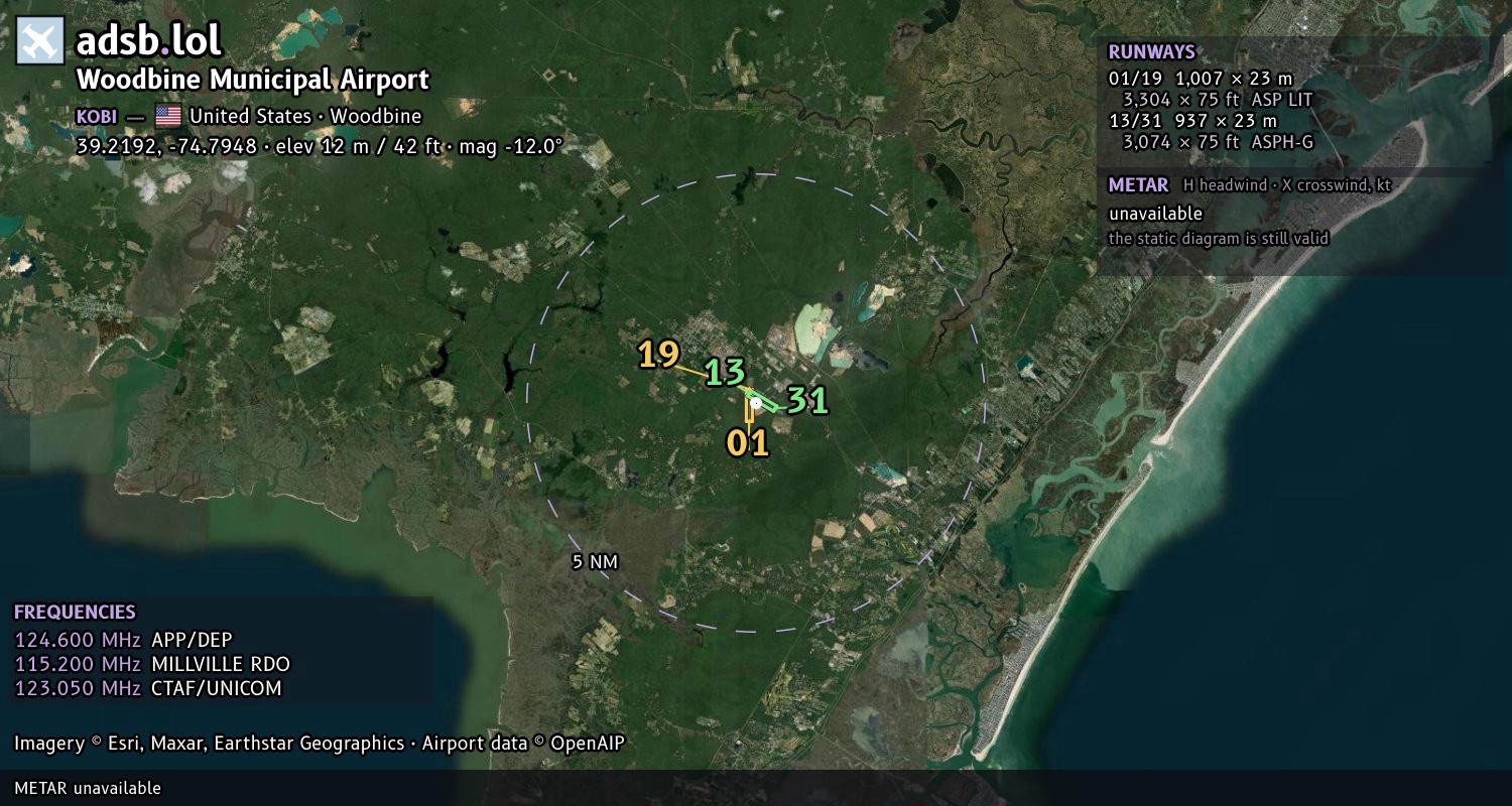 Satellite map with the runway layout of Woodbine Municipal Airport (KOBI)