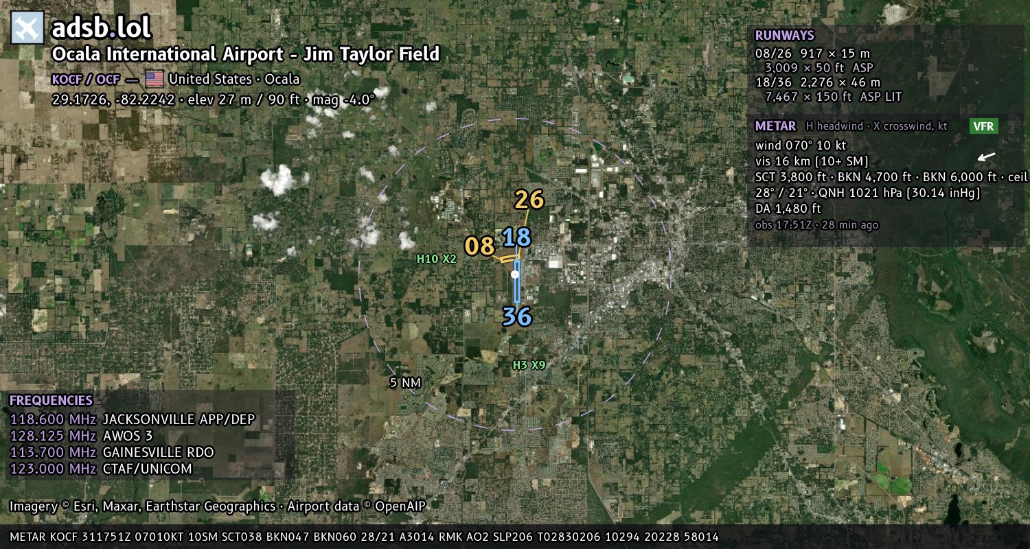 Satellite map with the runway layout of Ocala International Airport - Jim Taylor Field (KOCF)