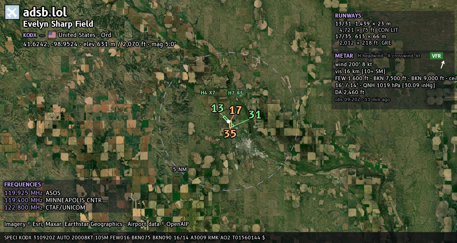 Satellite map with the runway layout of Evelyn Sharp Field (KODX)