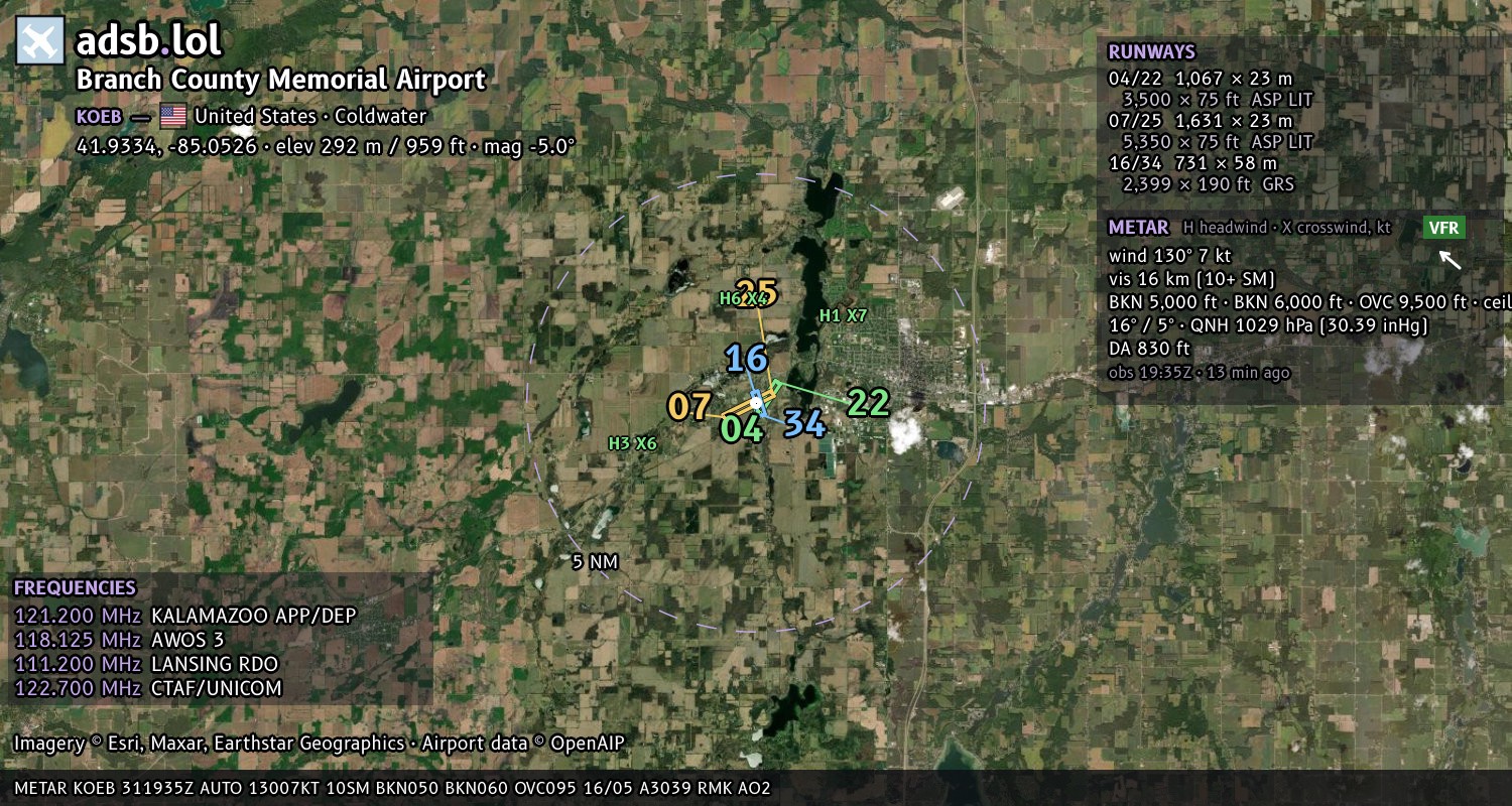 Satellite map with the runway layout of Branch County Memorial Airport (KOEB)