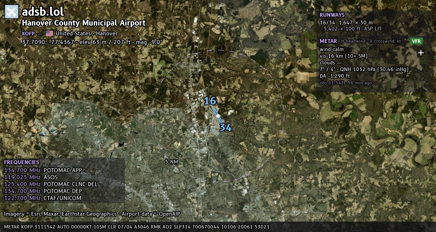 Satellite map with the runway layout of Hanover County Municipal Airport (KOFP)