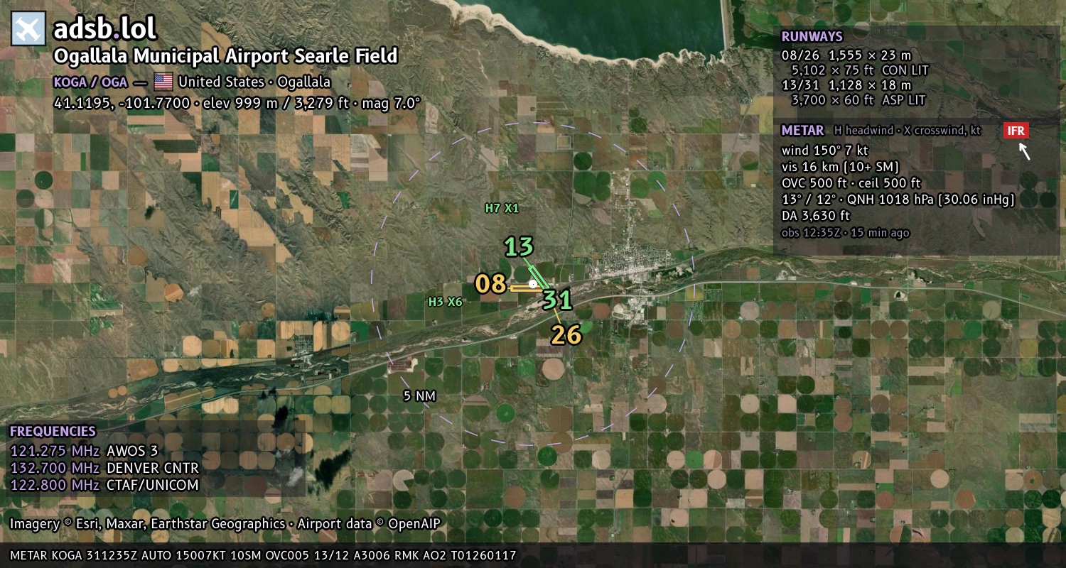 Satellite map with the runway layout of Ogallala Municipal Airport Searle Field (KOGA)