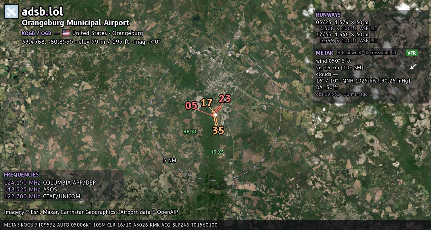 Satellite map with the runway layout of Orangeburg Municipal Airport (KOGB)