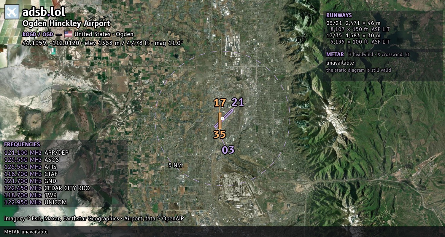 Satellite map with the runway layout of Ogden Hinckley Airport (KOGD)
