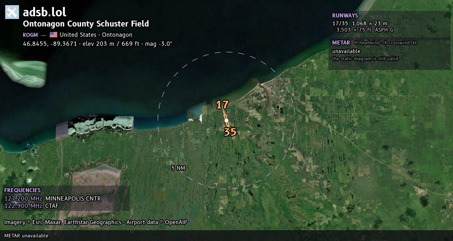 Satellite map with the runway layout of Ontonagon County Schuster Field (KOGM)