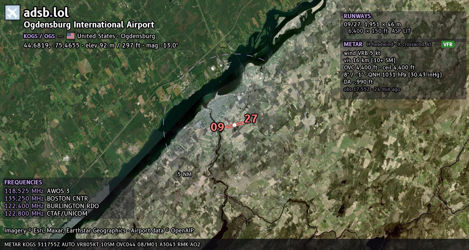 Satellite map with the runway layout of Ogdensburg International Airport (KOGS)